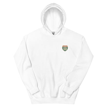 White graphic hoodie with a 'Canadian Shield | On Guard for Thee' road sign design by State Limit Apparel.